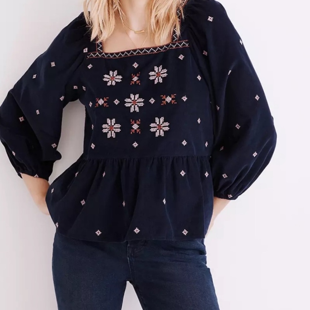 Madewell Embroidered Corduroy Button Back Peplum Top - Picture 5 of 6